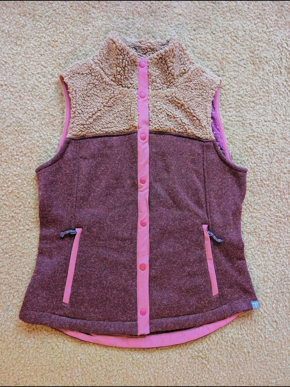Title Nine Two-Tone Sherpa Trim Vest in Plum and Tan with Pink Trim